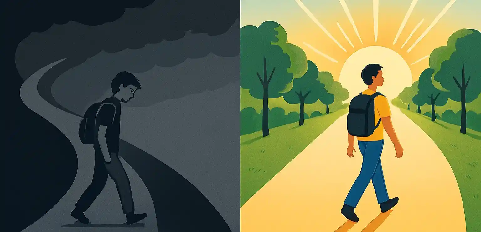 An inspiring illustration of two paths One student walking a narrow, dark path representing dependency and lack of creativity.Another student walking a bright, wide road with trees and sunrise, representing independence, innovation, and contribution to society.